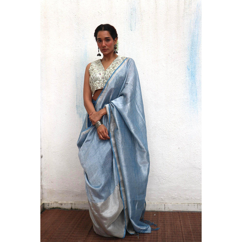 Chidiyaa Jheel Mazha Handwoven Linen Zari Saree without Blouse