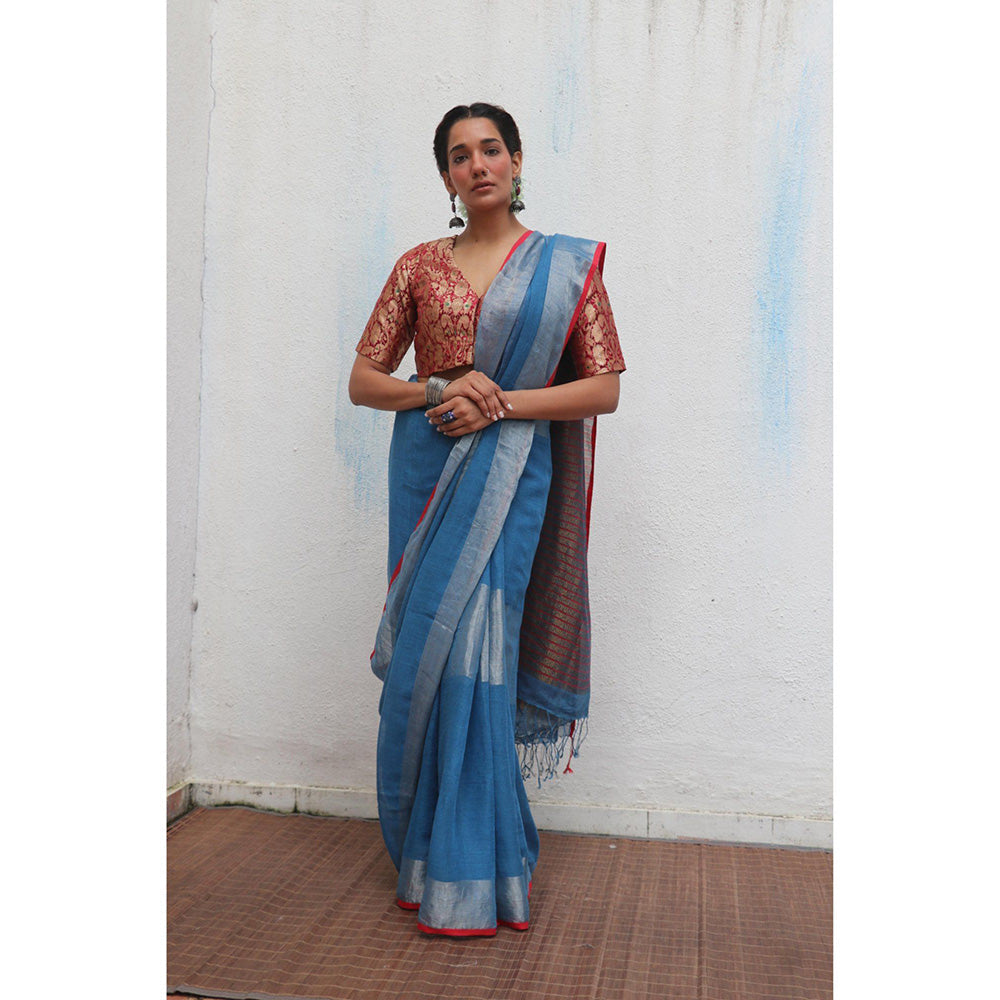 Chidiyaa Jheel Varsha Handwoven Linen Zari Saree without Blouse