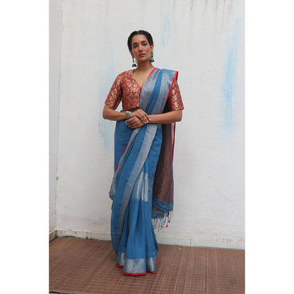 Chidiyaa Jheel Varsha Handwoven Linen Zari Saree without Blouse