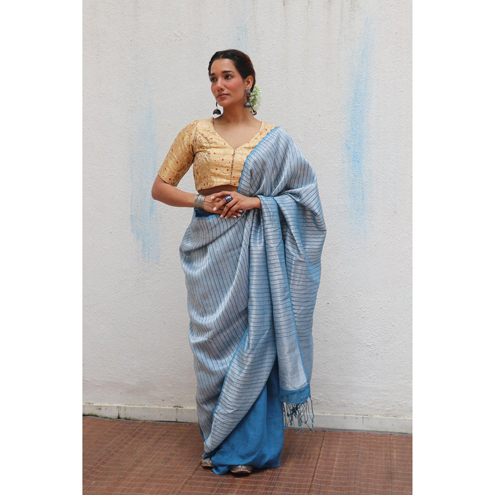 Chidiyaa Jheel Anumeha Handwoven Linen Zari Saree without Blouse