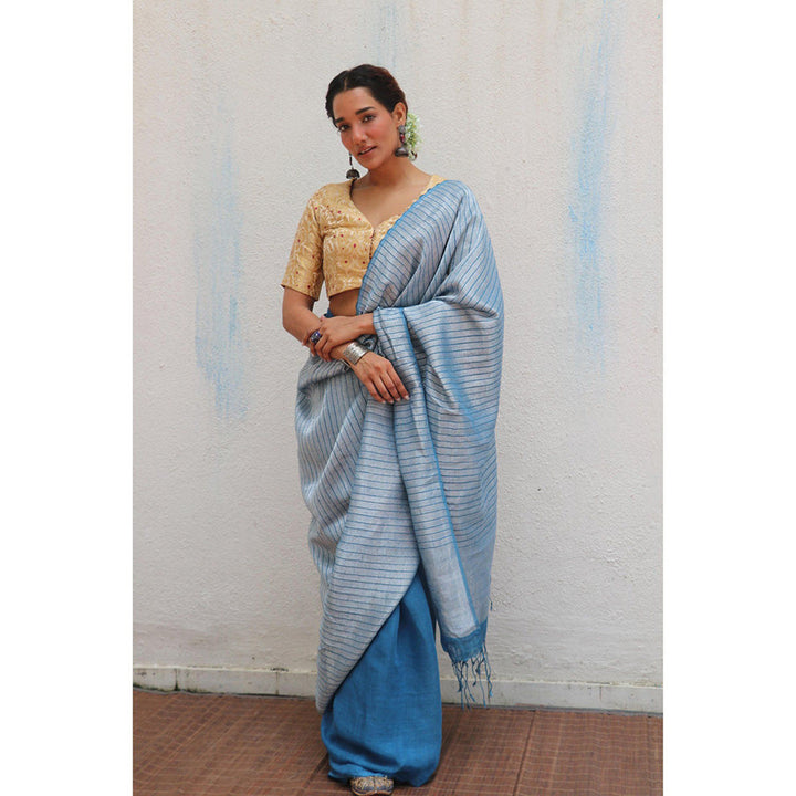 Chidiyaa Jheel Anumeha Handwoven Linen Zari Saree without Blouse