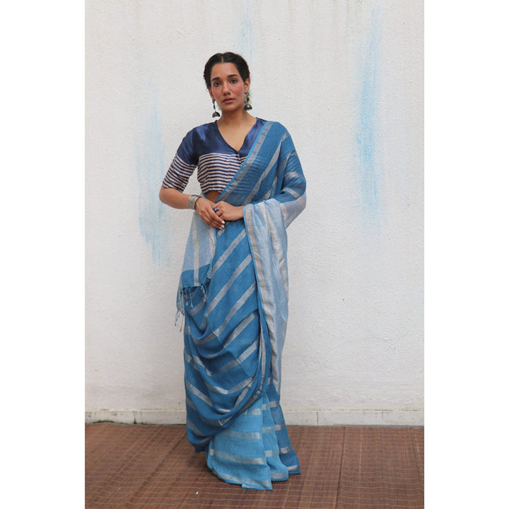 Chidiyaa Jheel Megha Handwoven Linen Zari Saree without Blouse