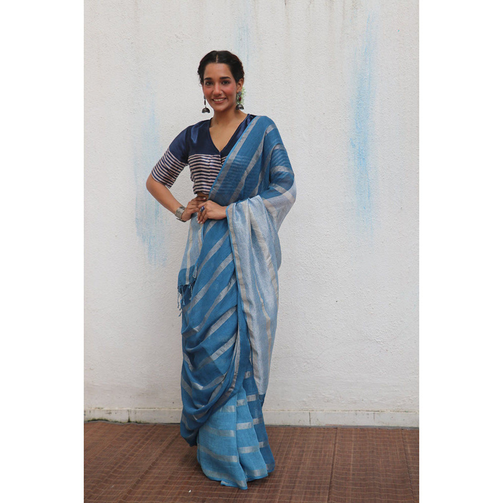 Chidiyaa Jheel Megha Handwoven Linen Zari Saree without Blouse