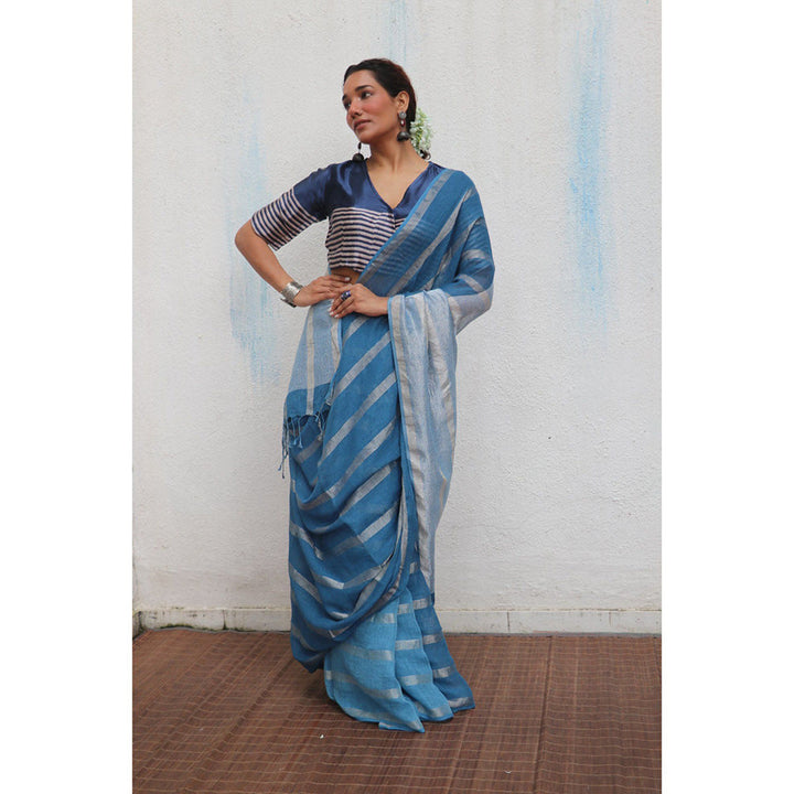 Chidiyaa Jheel Megha Handwoven Linen Zari Saree without Blouse