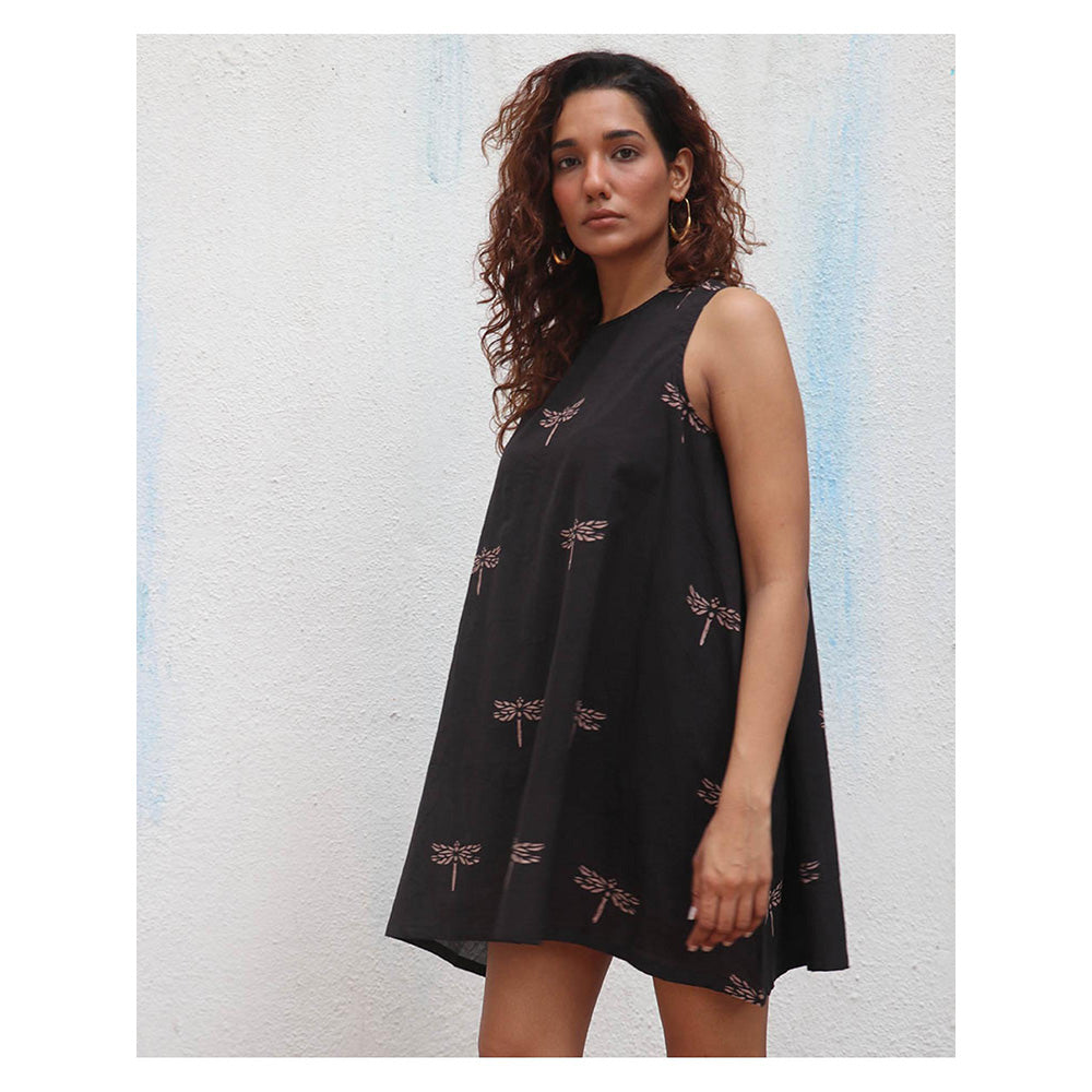 Chidiyaa Daydreaming In Monochrome Dragonflies Dance Printed Cotton Dress