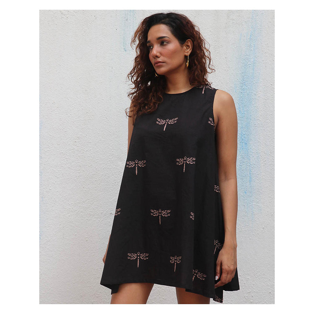 Chidiyaa Daydreaming In Monochrome Dragonflies Dance Printed Cotton Dress