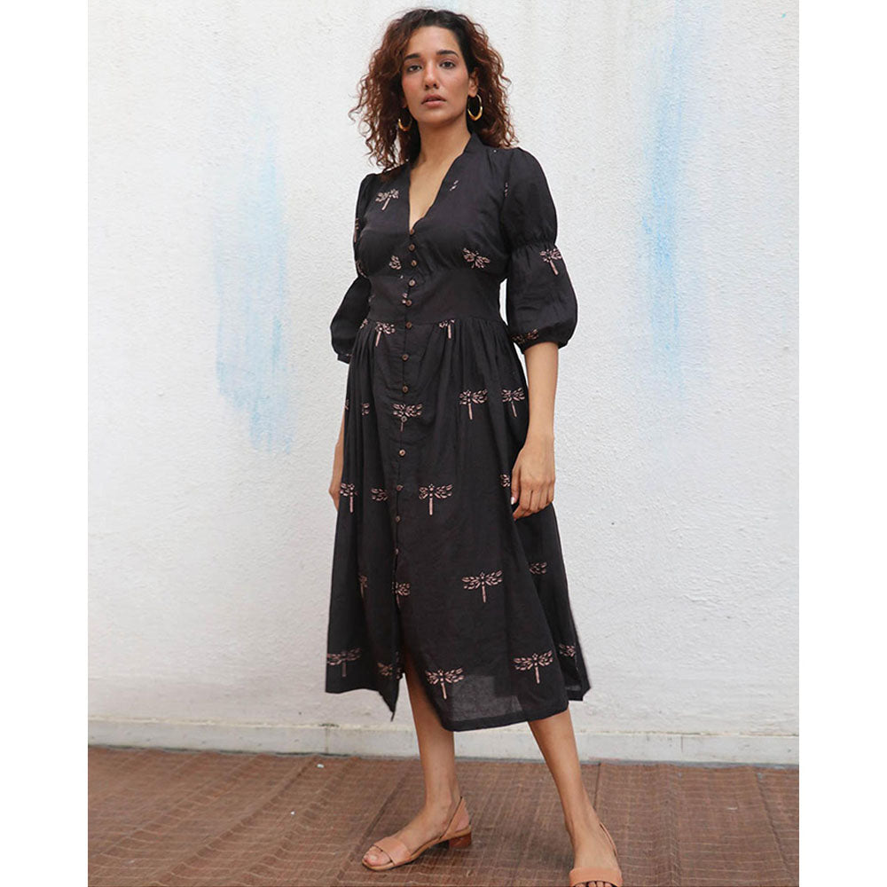 Chidiyaa Daydreaming In Monochrome Laid Black Printed Cotton Dress