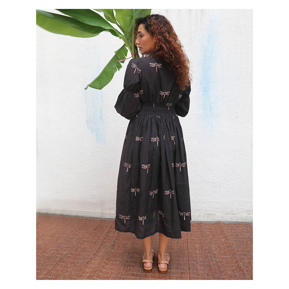 Chidiyaa Daydreaming In Monochrome Laid Black Printed Cotton Dress