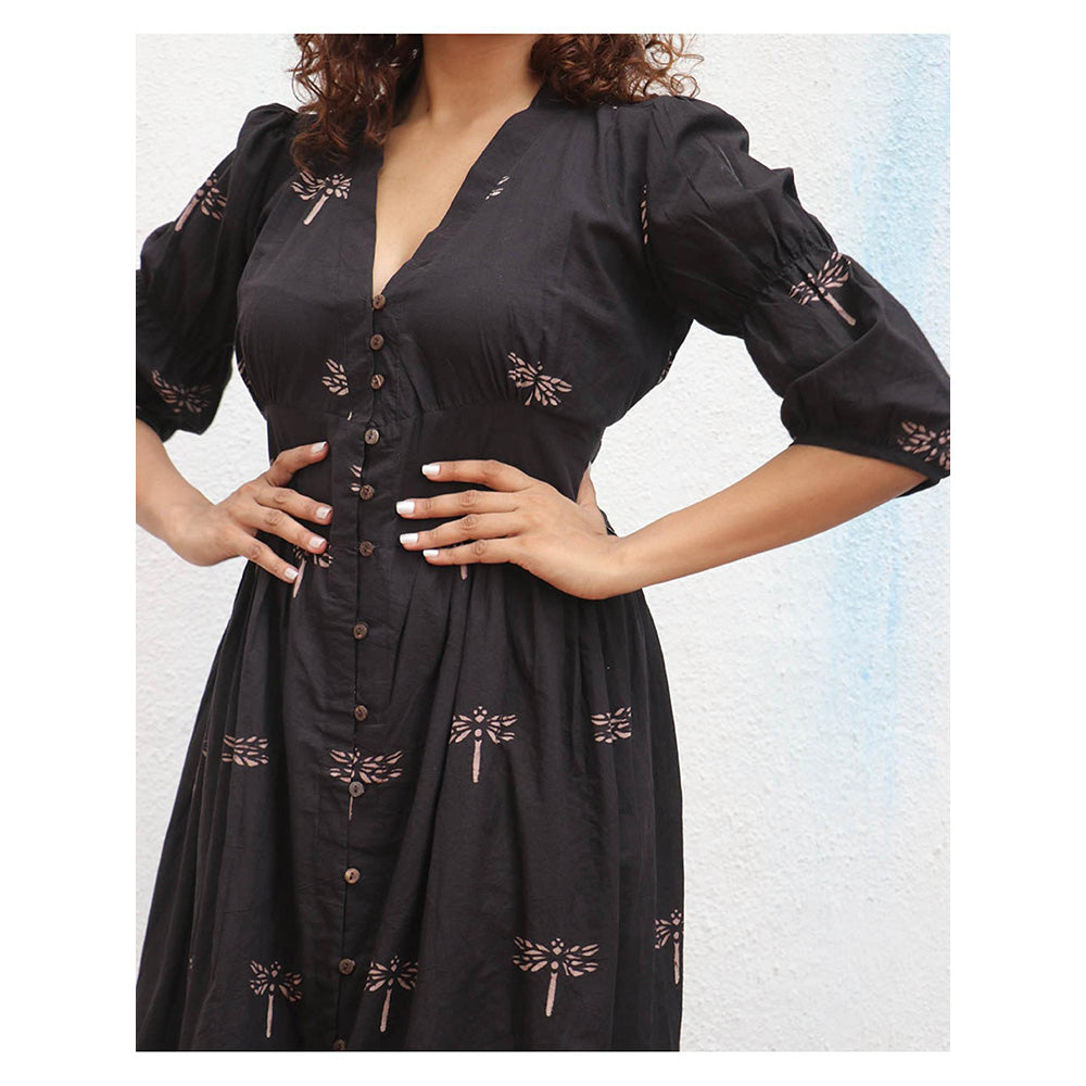 Chidiyaa Daydreaming In Monochrome Laid Black Printed Cotton Dress