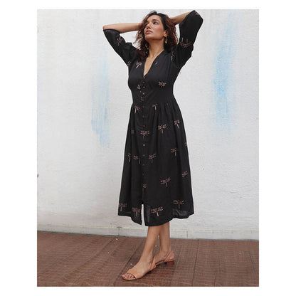 Chidiyaa Daydreaming In Monochrome Laid Black Printed Cotton Dress