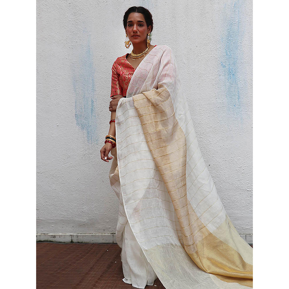 Chidiyaa Onam Udaya Handwoven Linen Zari Saree with Unstitched Blouse