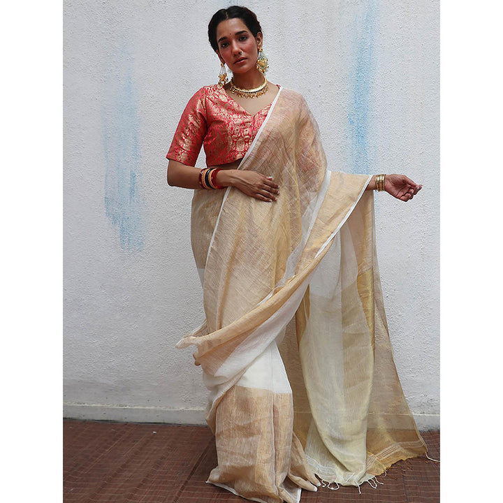 Chidiyaa Onam Indu Mukhi Handwoven Linen Zari Saree with Unstitched Blouse