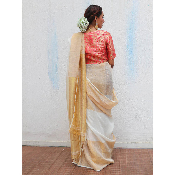 Chidiyaa Onam Indu Mukhi Handwoven Linen Zari Saree with Unstitched Blouse