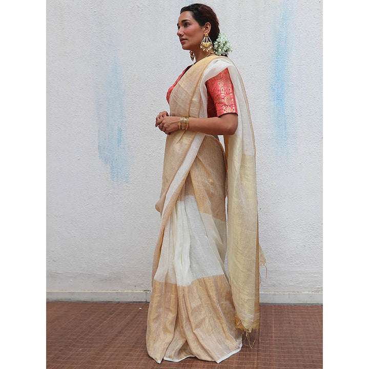 Chidiyaa Onam Indu Mukhi Handwoven Linen Zari Saree with Unstitched Blouse