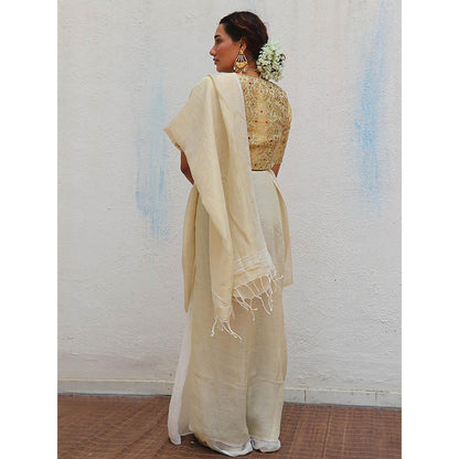 Chidiyaa Onam Sreeja Handwoven Linen Zari Saree with Unstitched Blouse