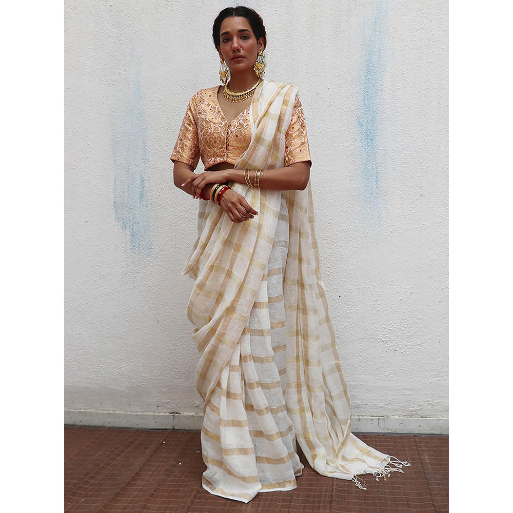 Chidiyaa Onam Devaki Handwoven Linen Zari Saree with Unstitched Blouse