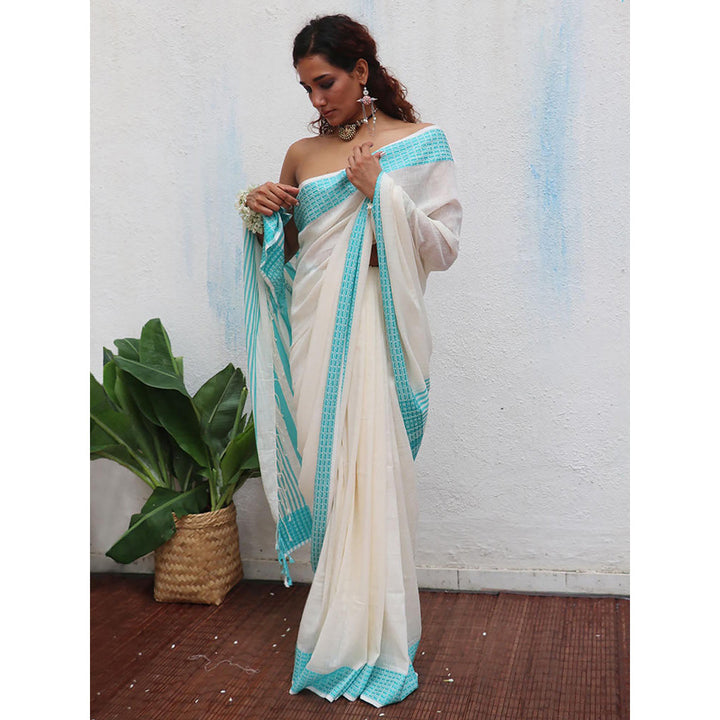 Chidiyaa Uma Abhaya Handwoven Linen Cotton Jamdani Saree with Unstitched Blouse