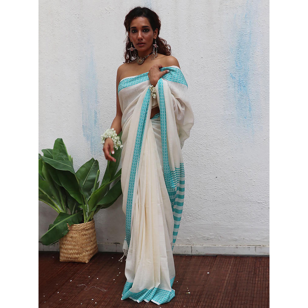 Chidiyaa Uma Abhaya Handwoven Linen Cotton Jamdani Saree with Unstitched Blouse