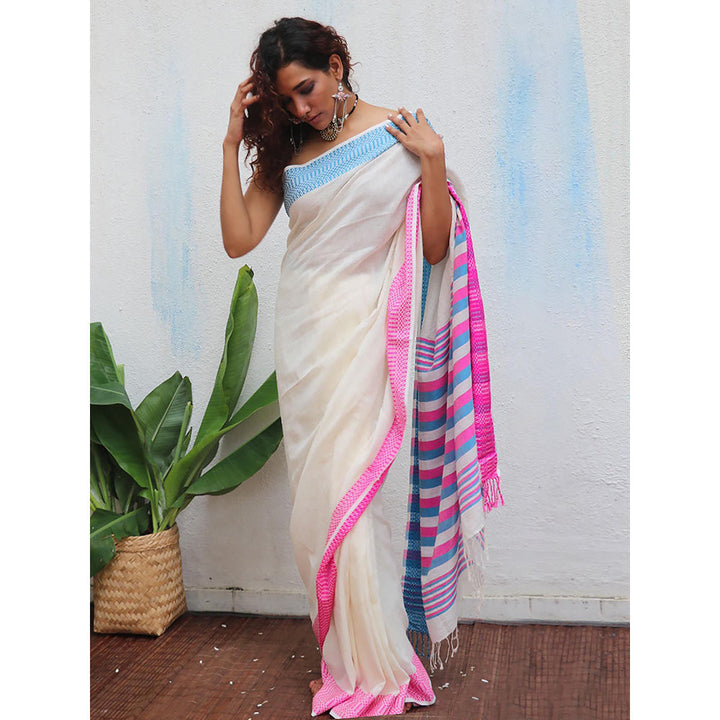 Chidiyaa Uma Sadhvi Handwoven Linen Cotton Jamdani Saree with Unstitched Blouse