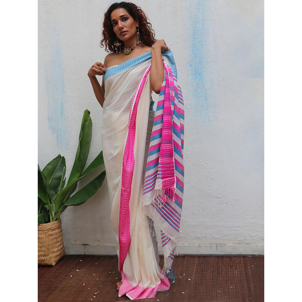 Chidiyaa Uma Sadhvi Handwoven Linen Cotton Jamdani Saree with Unstitched Blouse