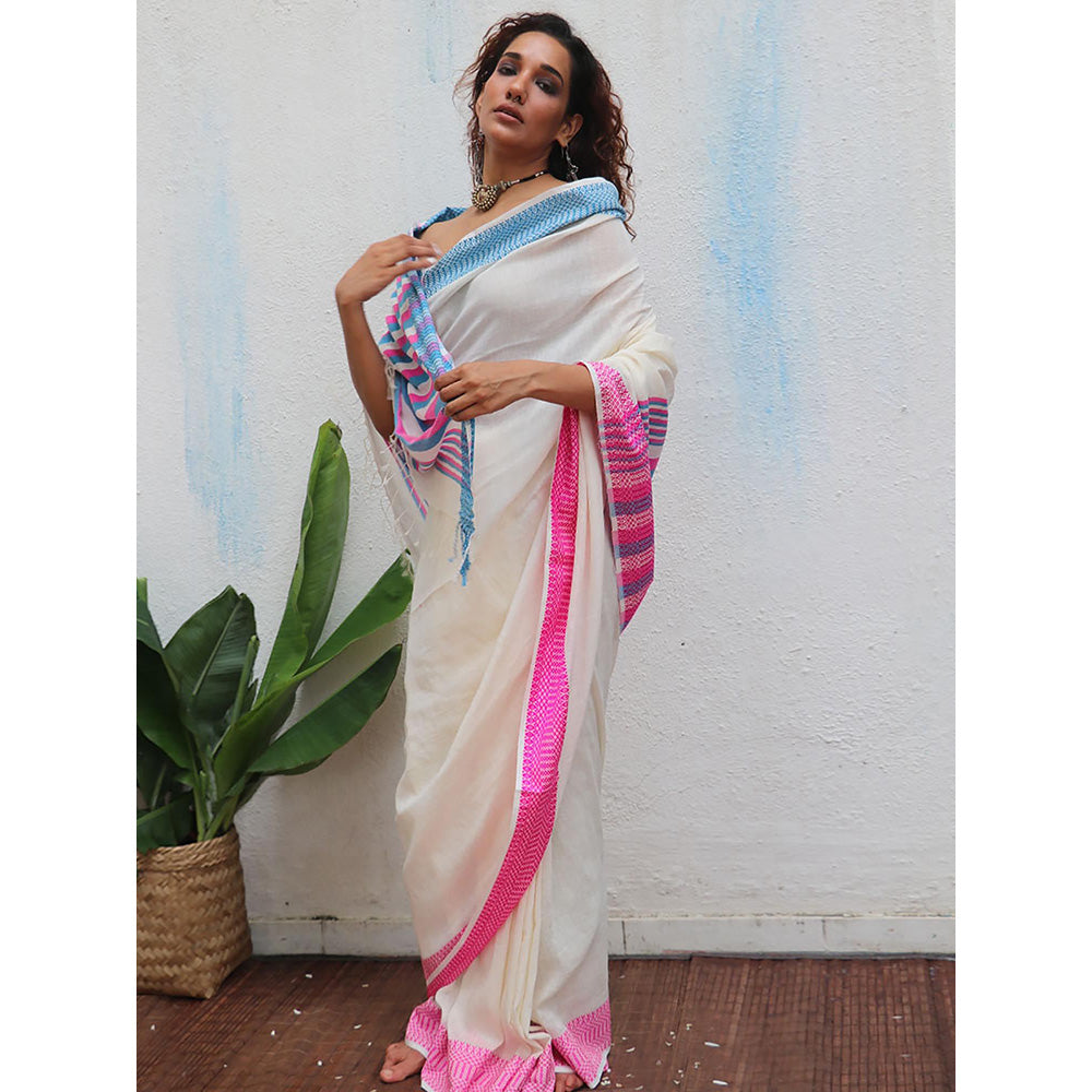 Chidiyaa Uma Sadhvi Handwoven Linen Cotton Jamdani Saree with Unstitched Blouse