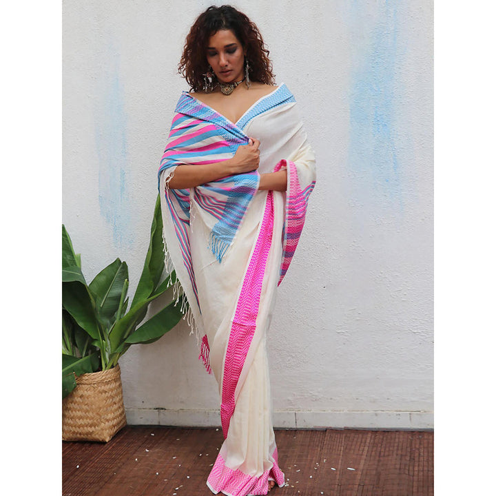 Chidiyaa Uma Sadhvi Handwoven Linen Cotton Jamdani Saree with Unstitched Blouse