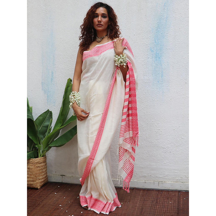 Chidiyaa Uma Vaarahi Handwoven Linen Cotton Jamdani Saree with Unstitched Blouse