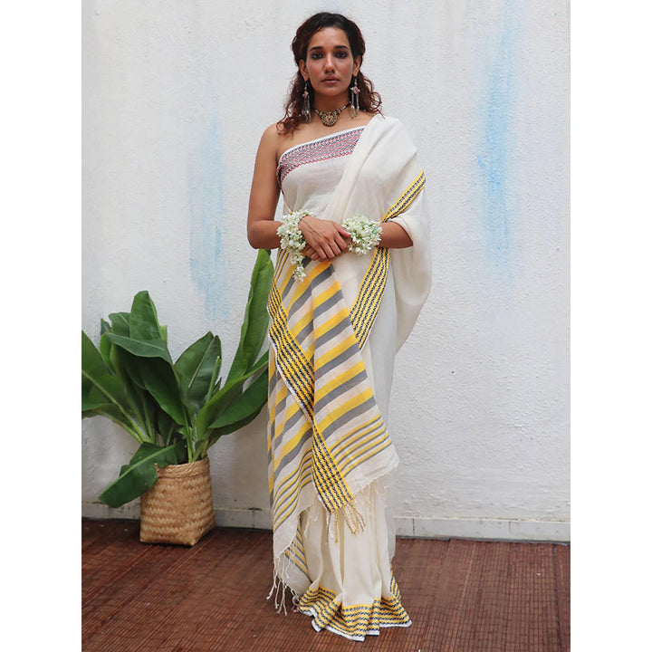 Chidiyaa Uma Adya Handwoven Linen Cotton Jamdani Saree with Unstitched Blouse