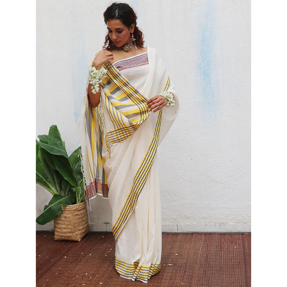 Chidiyaa Uma Adya Handwoven Linen Cotton Jamdani Saree with Unstitched Blouse