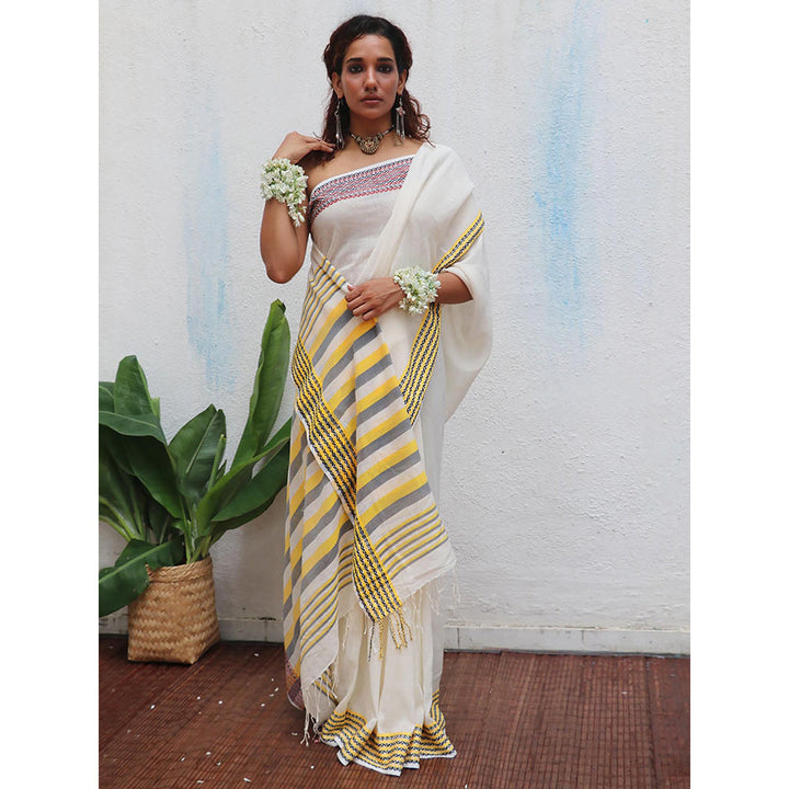 Chidiyaa Uma Adya Handwoven Linen Cotton Jamdani Saree with Unstitched Blouse