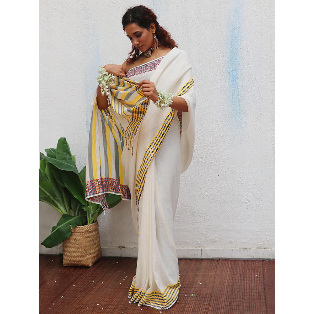 Chidiyaa Uma Adya Handwoven Linen Cotton Jamdani Saree with Unstitched Blouse