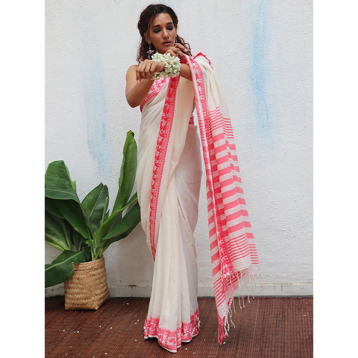 Chidiyaa Uma Trinetra Handwoven Linen Cotton Jamdani Saree with Unstitched Blouse