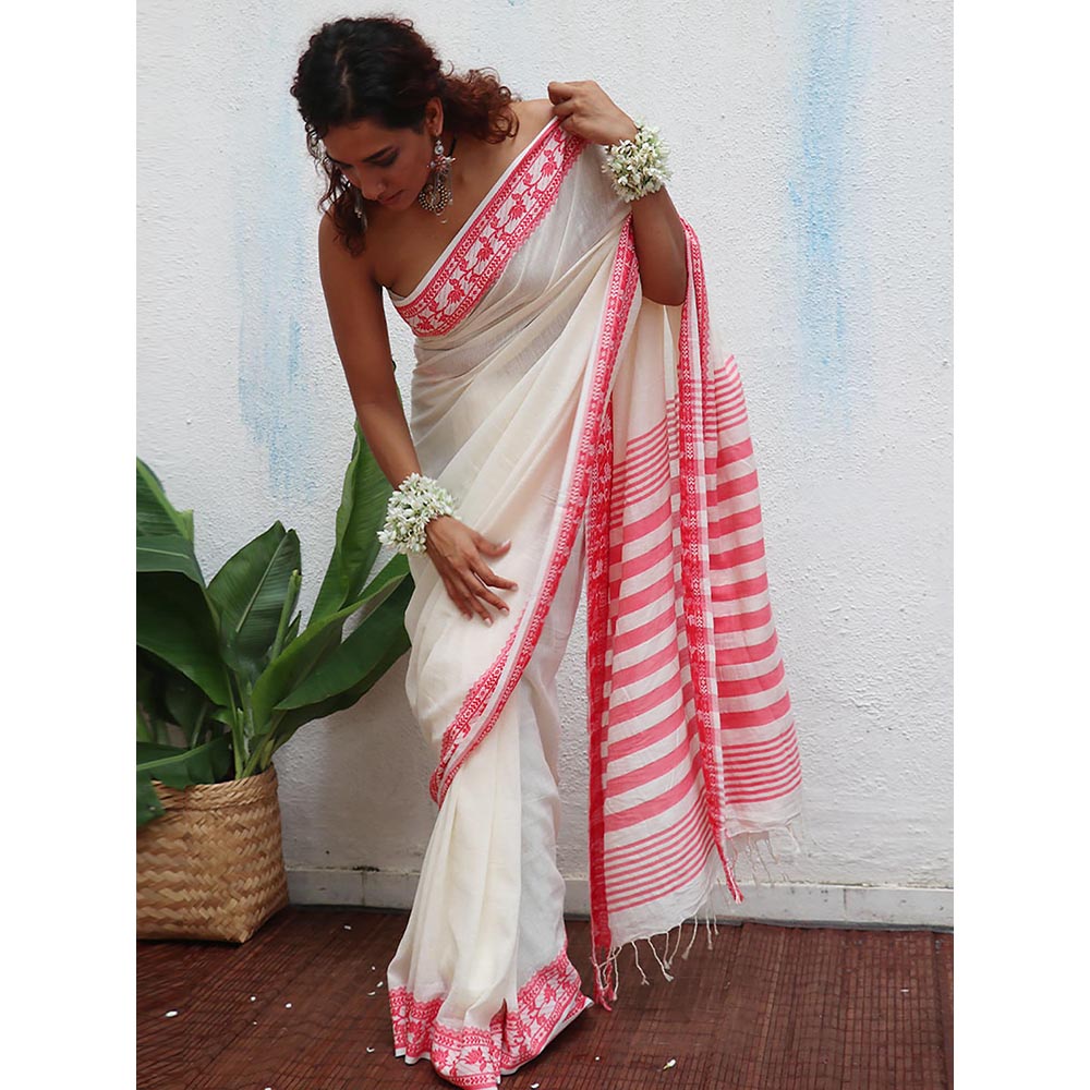 Chidiyaa Uma Trinetra Handwoven Linen Cotton Jamdani Saree with Unstitched Blouse