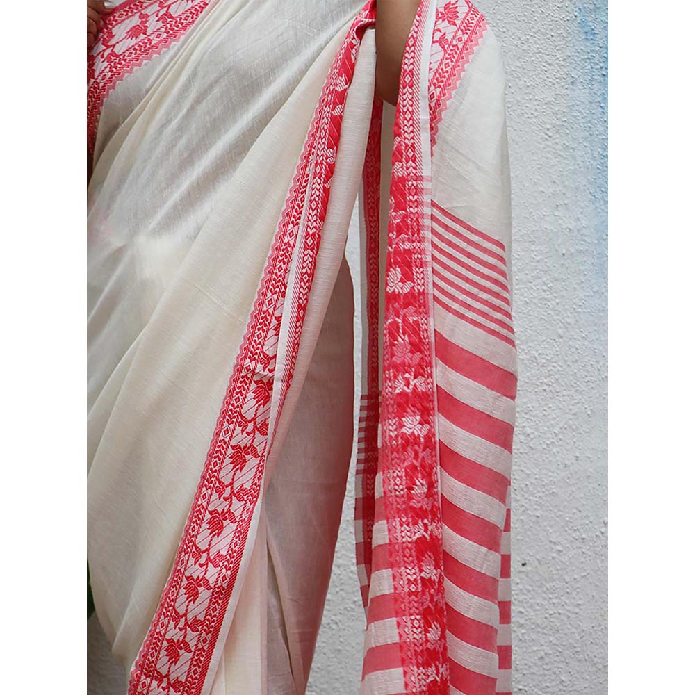 Chidiyaa Uma Trinetra Handwoven Linen Cotton Jamdani Saree with Unstitched Blouse