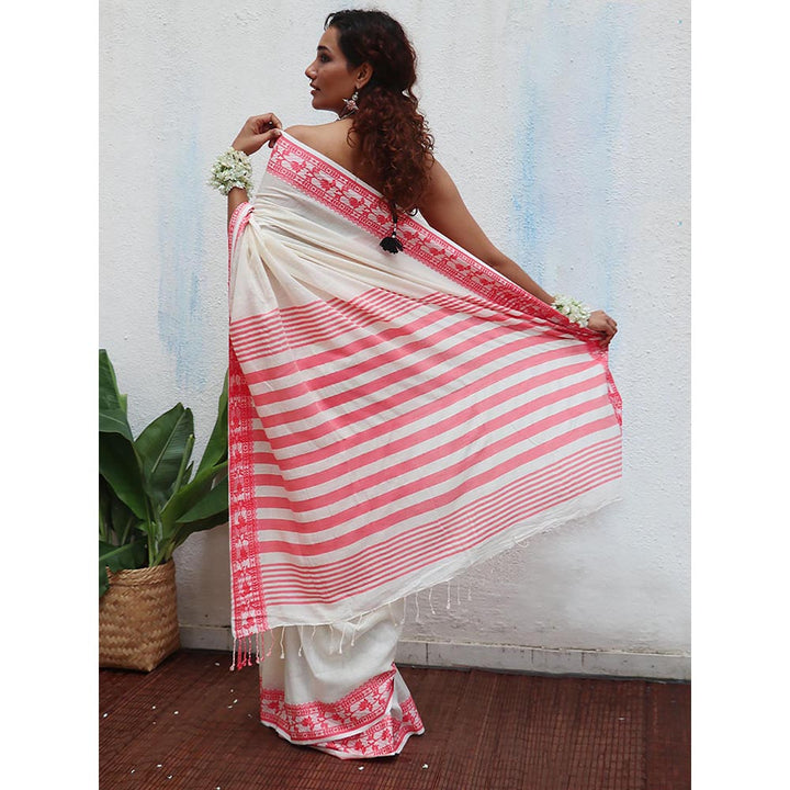 Chidiyaa Uma Trinetra Handwoven Linen Cotton Jamdani Saree with Unstitched Blouse