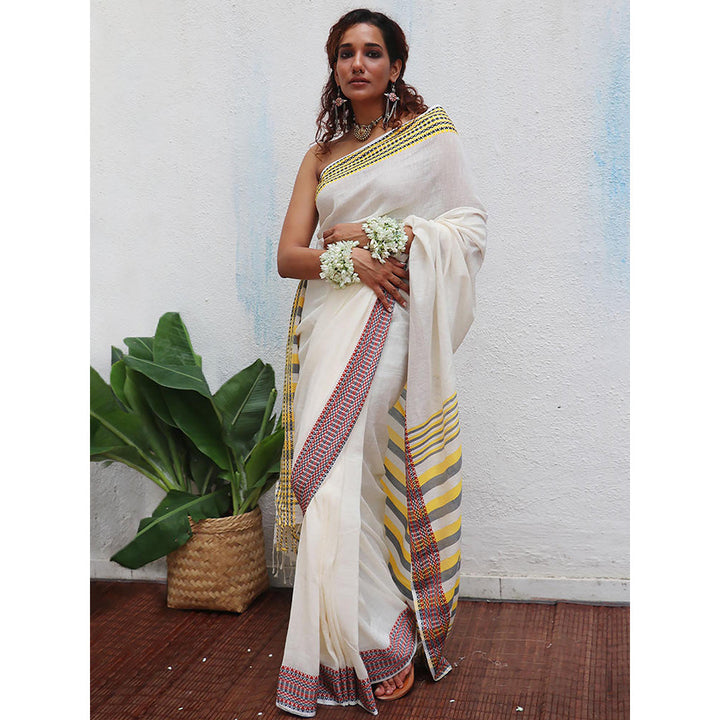 Chidiyaa Uma Gauri Handwoven Linen Cotton Jamdani Saree with Unstitched Blouse