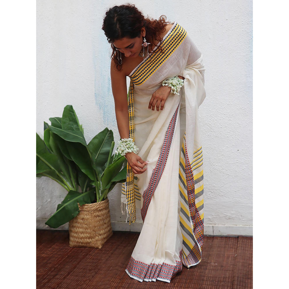 Chidiyaa Uma Gauri Handwoven Linen Cotton Jamdani Saree with Unstitched Blouse