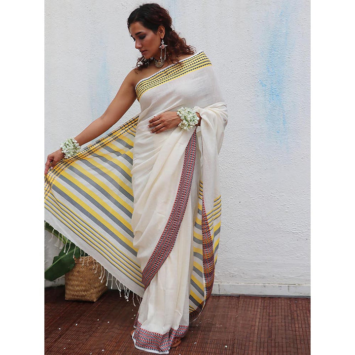 Chidiyaa Uma Gauri Handwoven Linen Cotton Jamdani Saree with Unstitched Blouse