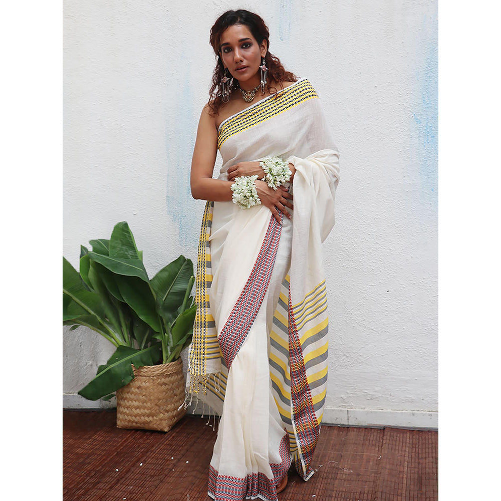 Chidiyaa Uma Gauri Handwoven Linen Cotton Jamdani Saree with Unstitched Blouse