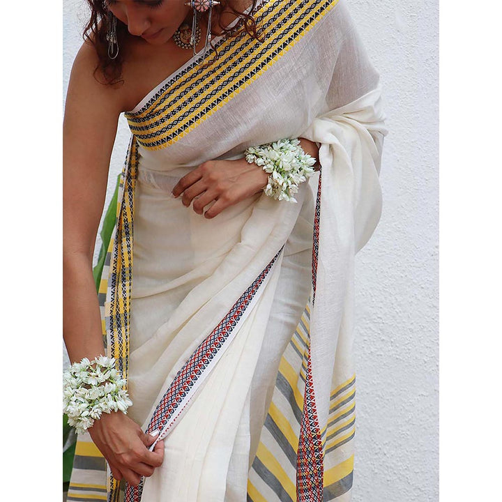 Chidiyaa Uma Gauri Handwoven Linen Cotton Jamdani Saree with Unstitched Blouse