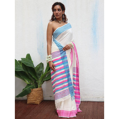 Chidiyaa Uma Savitri Handwoven Linen Cotton Jamdani Saree with Unstitched Blouse