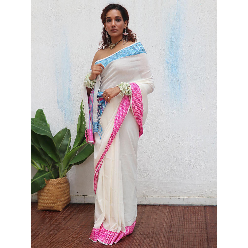 Chidiyaa Uma Savitri Handwoven Linen Cotton Jamdani Saree with Unstitched Blouse