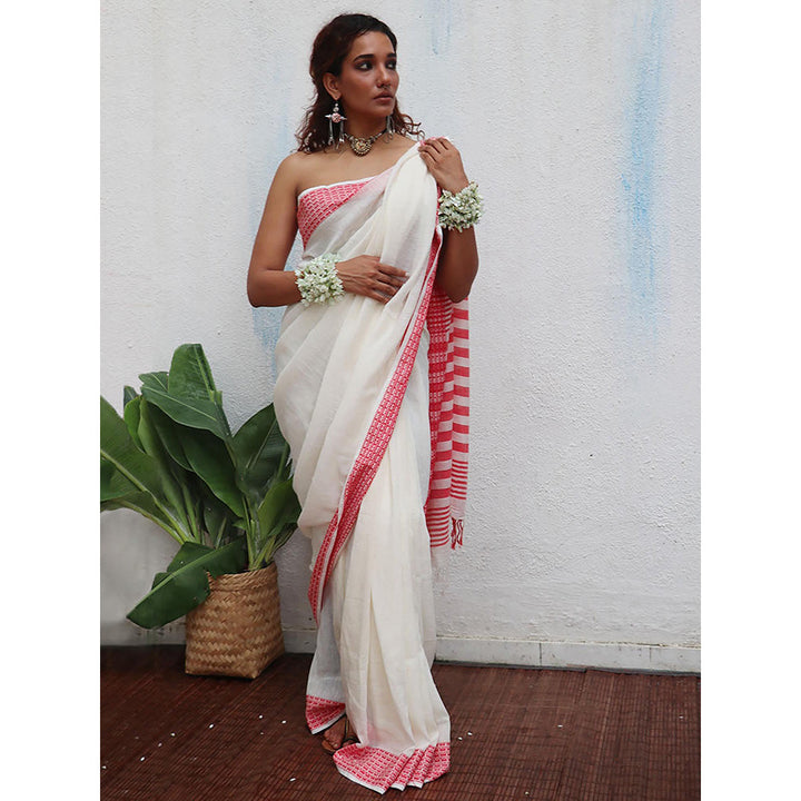 Chidiyaa Uma Chitra Handwoven Linen Cotton Jamdani Saree with Unstitched Blouse