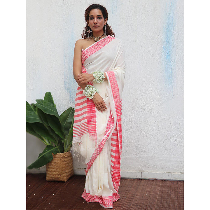 Chidiyaa Uma Chitra Handwoven Linen Cotton Jamdani Saree with Unstitched Blouse