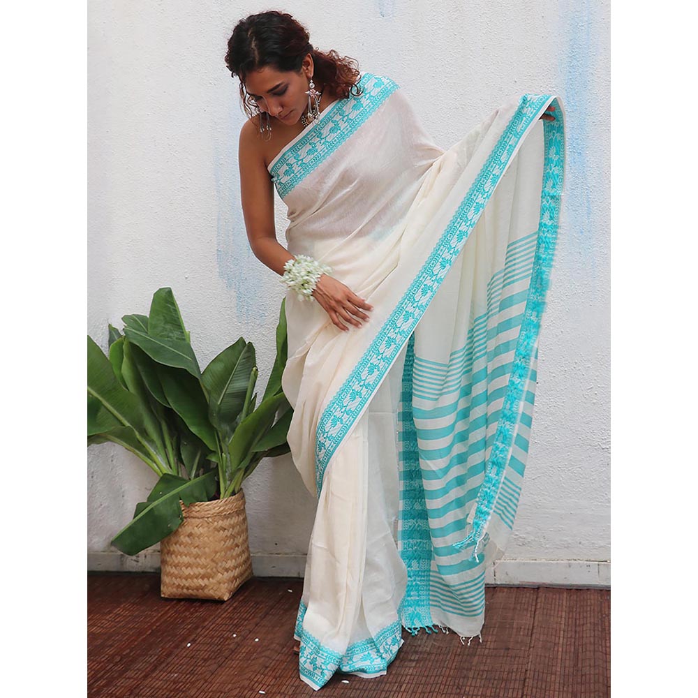 Chidiyaa Uma Sadhana Handwoven Linen Cotton Jamdani Saree with Unstitched Blouse