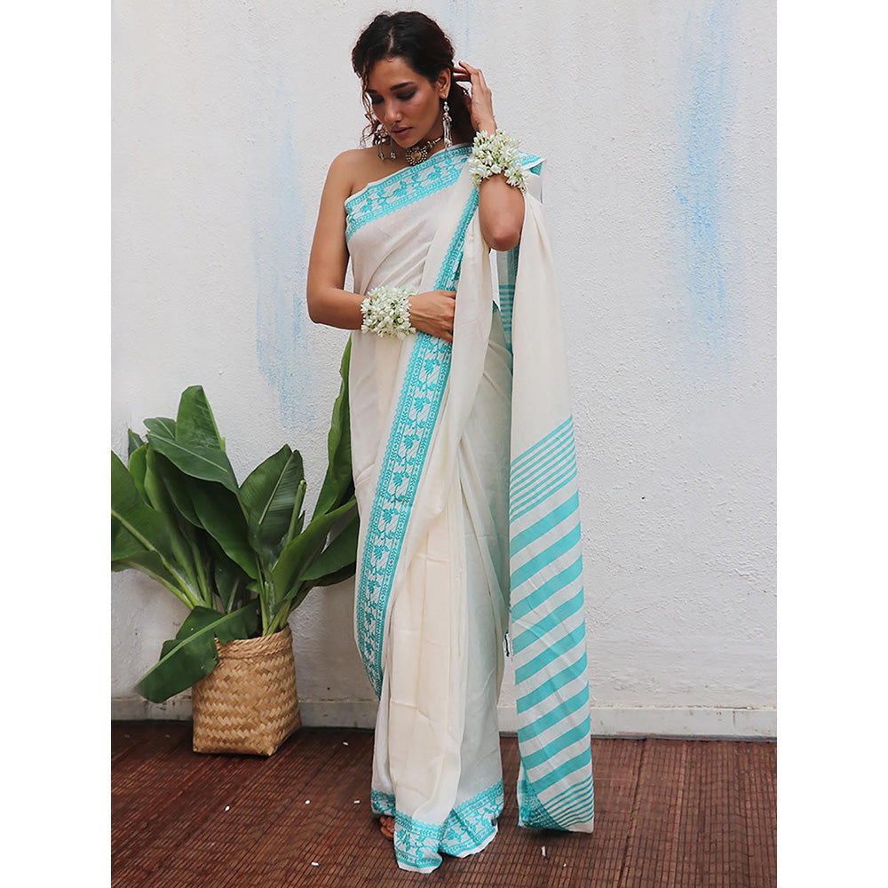 Chidiyaa Uma Sadhana Handwoven Linen Cotton Jamdani Saree with Unstitched Blouse