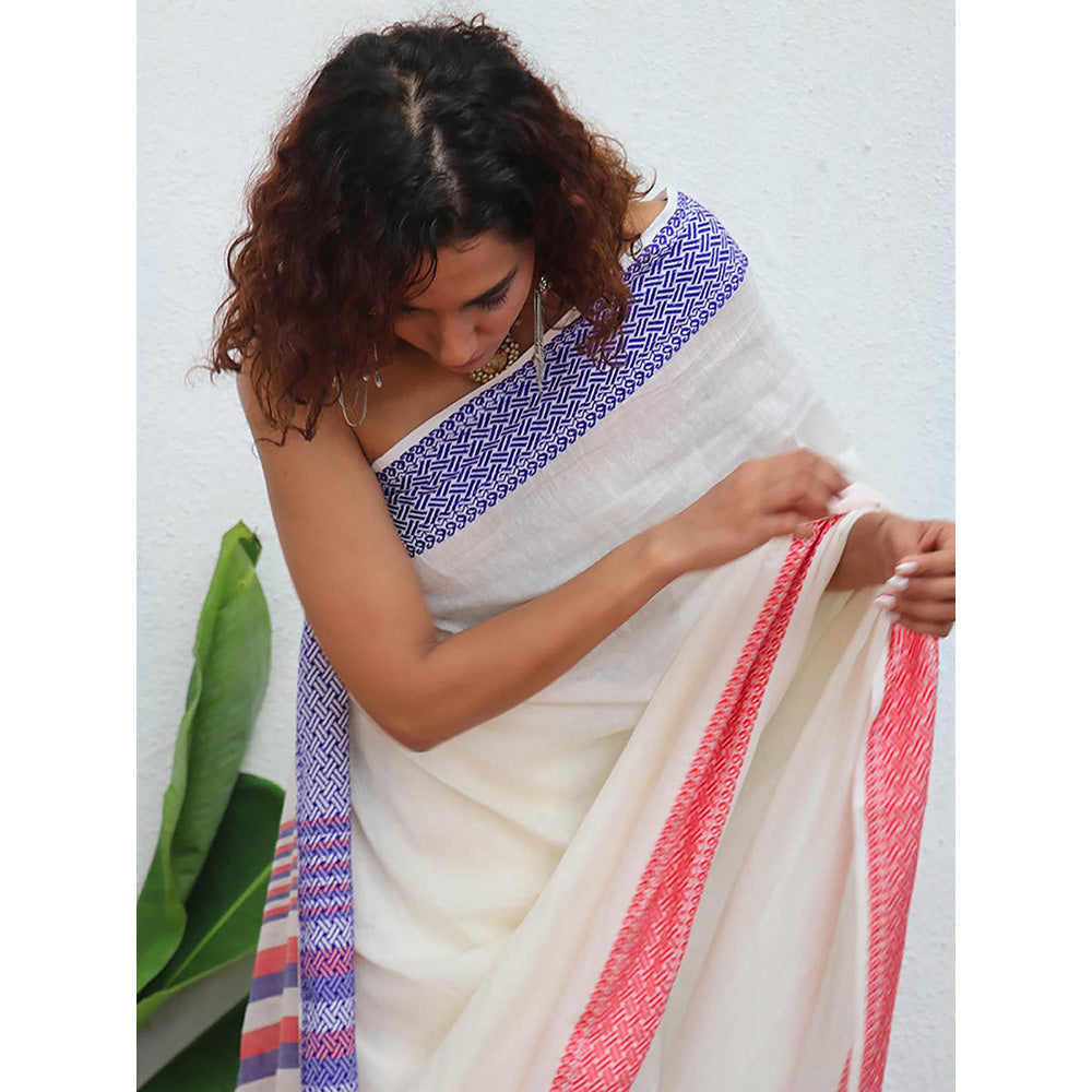 Chidiyaa Uma Katyayani Handwoven Linen Cotton Jamdani Saree with Unstitched Blouse