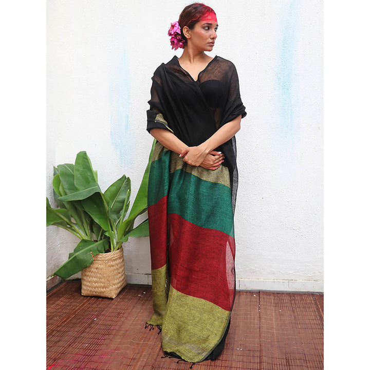 Chidiyaa Kaali Yogini Handwoven Linen Saree with Unstitched Blouse