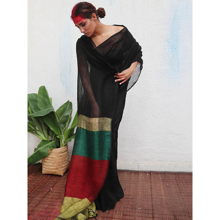 Chidiyaa Kaali Yogini Handwoven Linen Saree with Unstitched Blouse