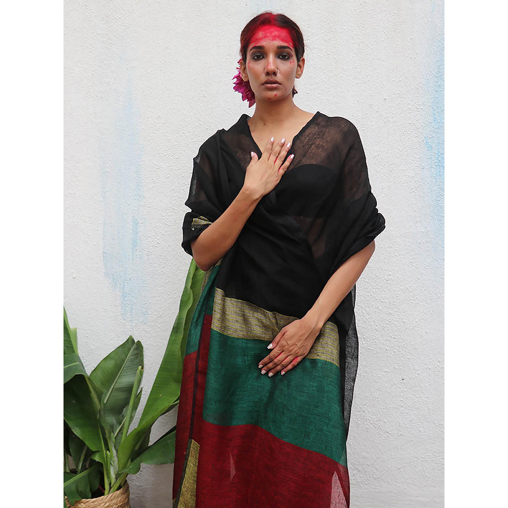 Chidiyaa Kaali Yogini Handwoven Linen Saree with Unstitched Blouse